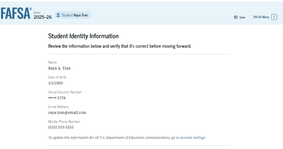 Fafsa screenshot of student identity and contact information.