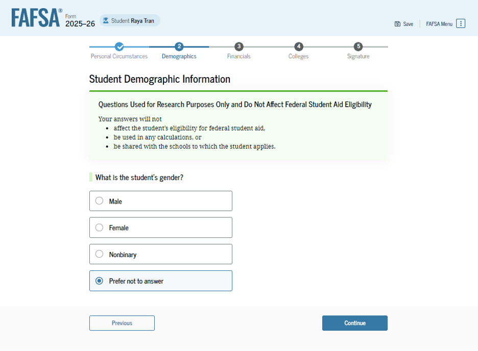 Fafsa guide screenshot student demographics