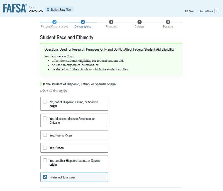 Fafsa guide screenshot student race and ethnicity