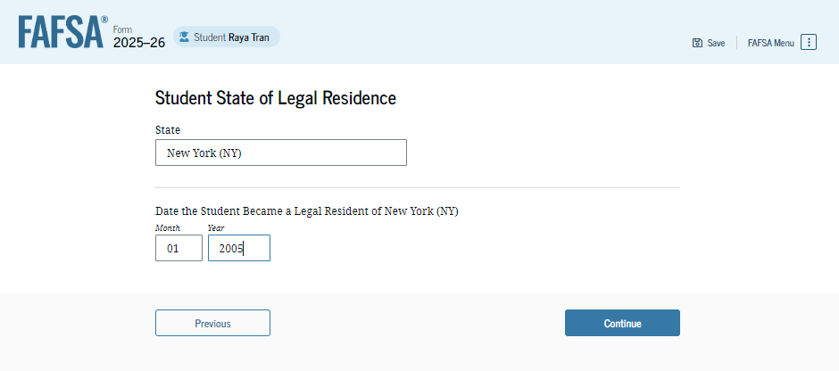 Fafsa guide screenshot student state of legal residence