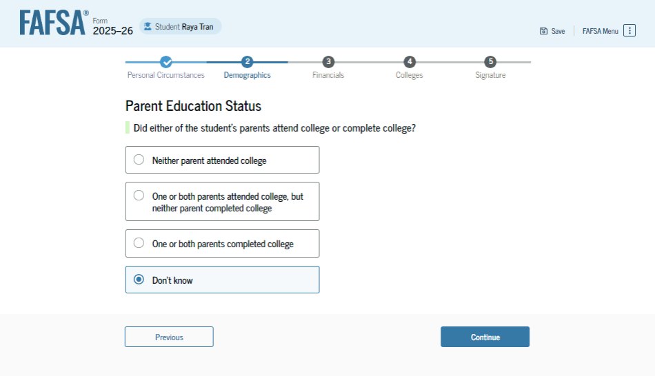 Fafsa guide screenshot parent education status