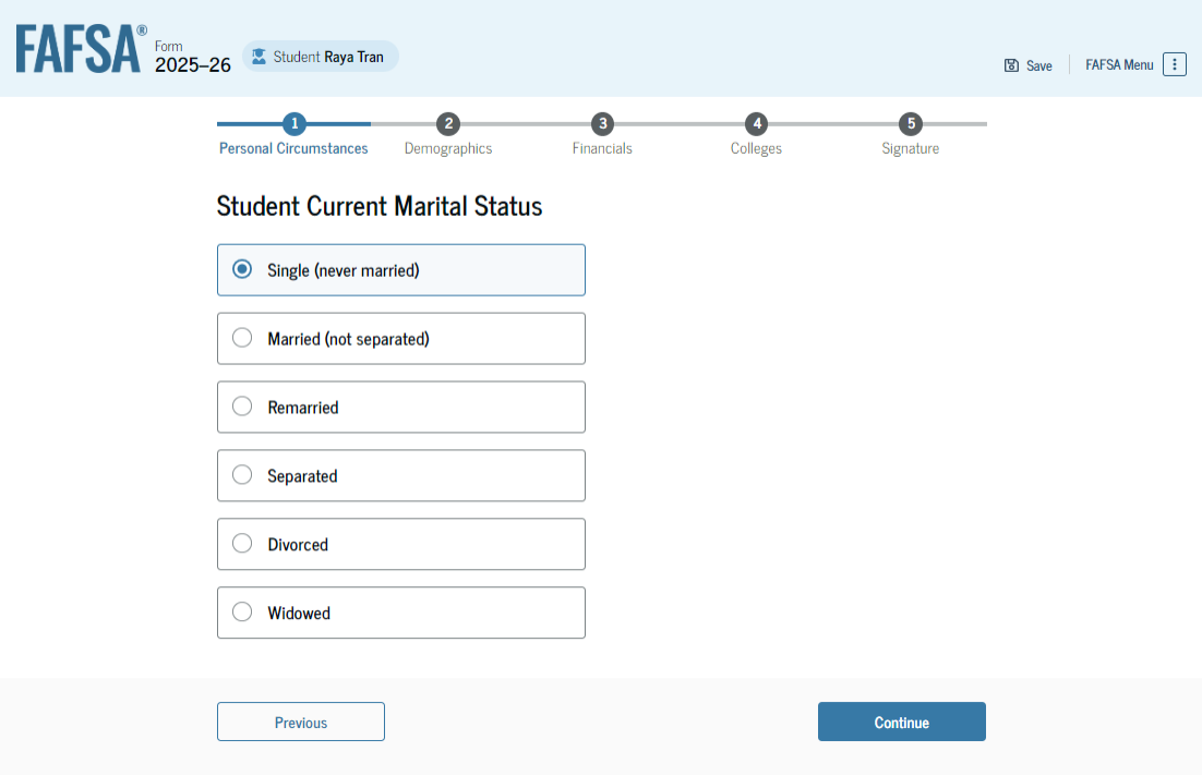 Fafsa guide screenshot of current marital status.