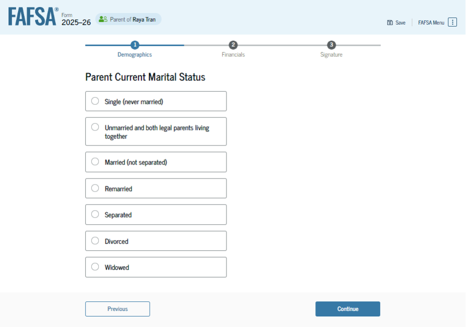 Fafsa guide screenshot parent marital status