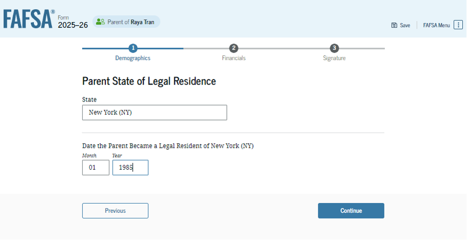 Fafsa guide screenshot parent state legal residence