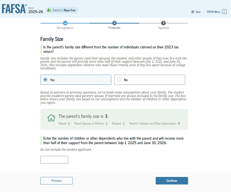 Fafsa guide screenshot family size