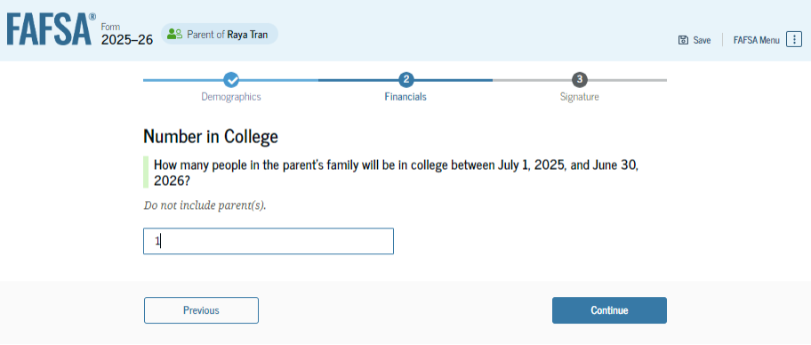 Fafsa guide screenshot number in college