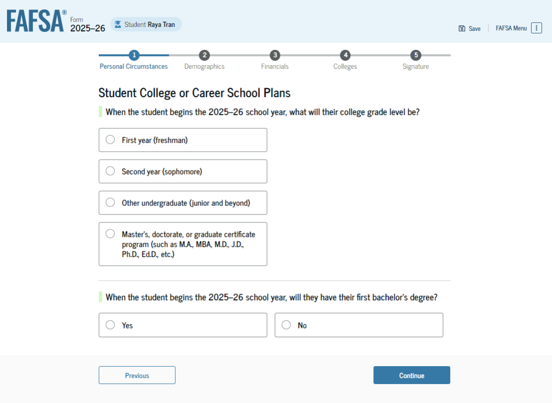 Fafsa guide screenshot of student college or career school plans.