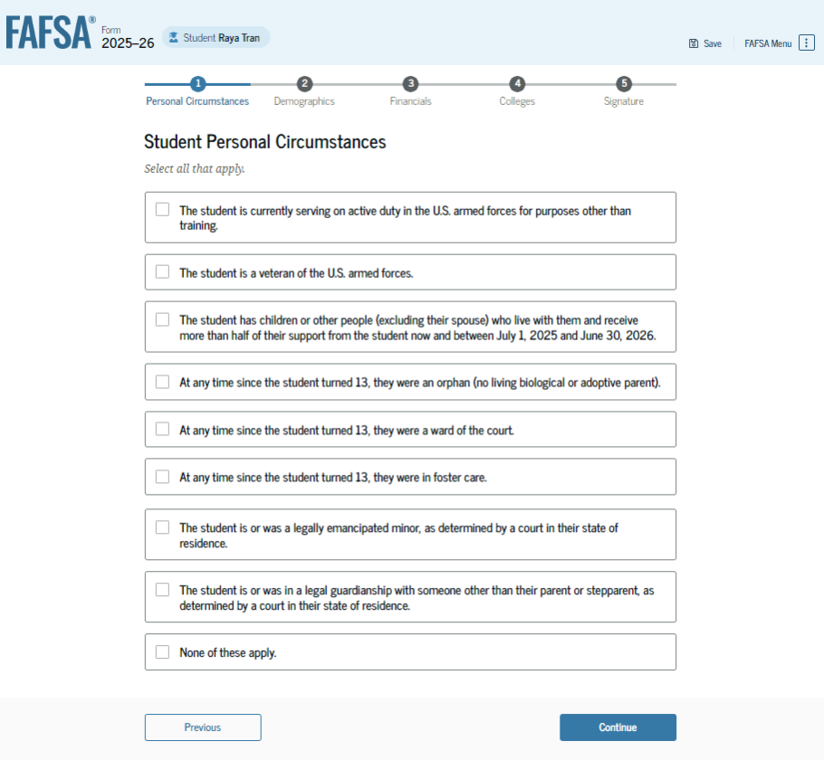 Fafsa guide screenshot of student personal circumstances.