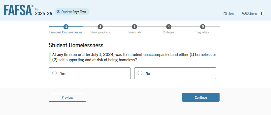 Fafsa guide screenshot of student other circumstances.