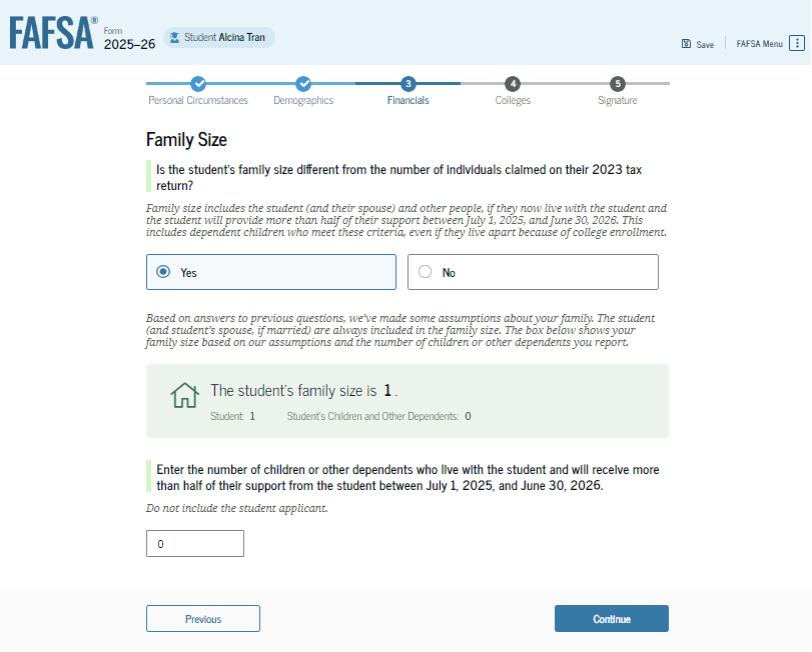 Fafsa guide screenshot of family size.