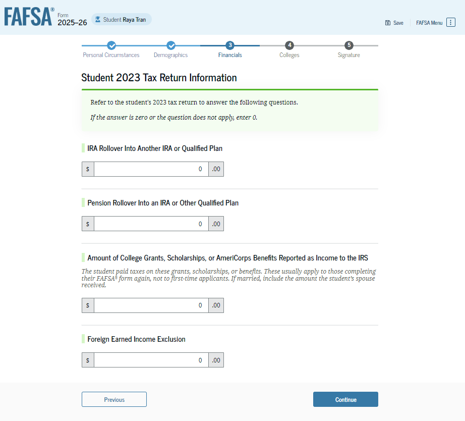 FAFSA guide screenshot student tax return information